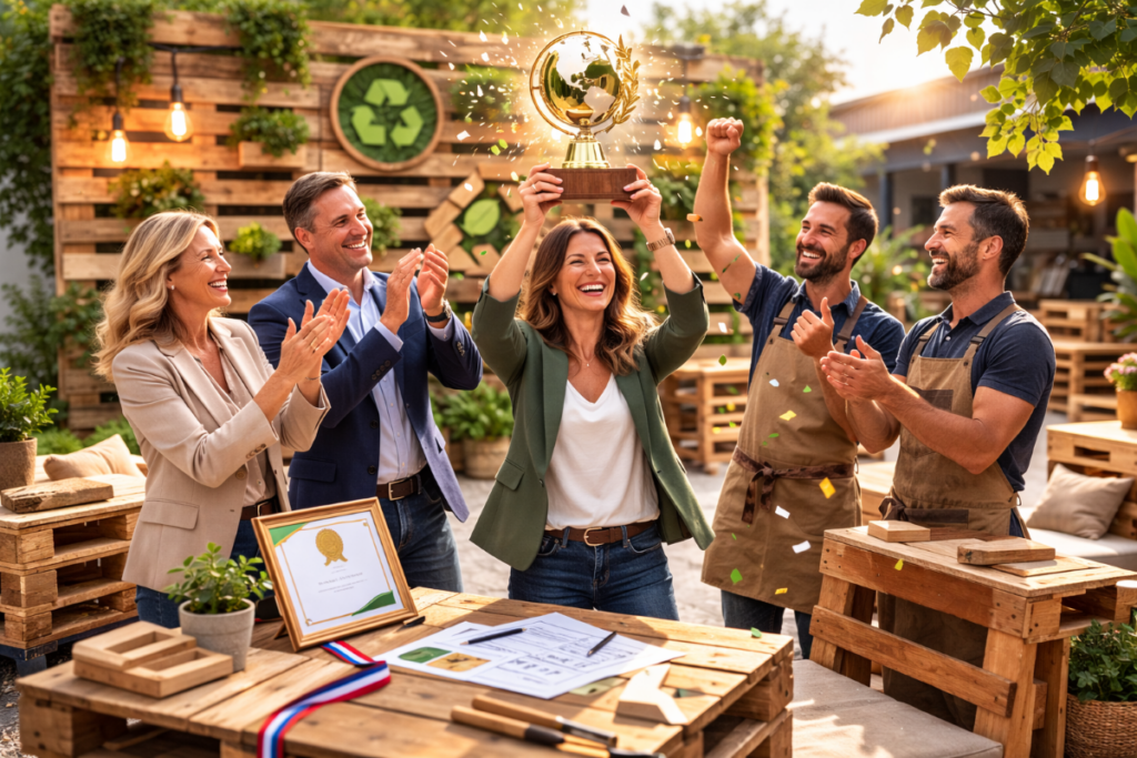 Autour des palettes des gens semblent heureux